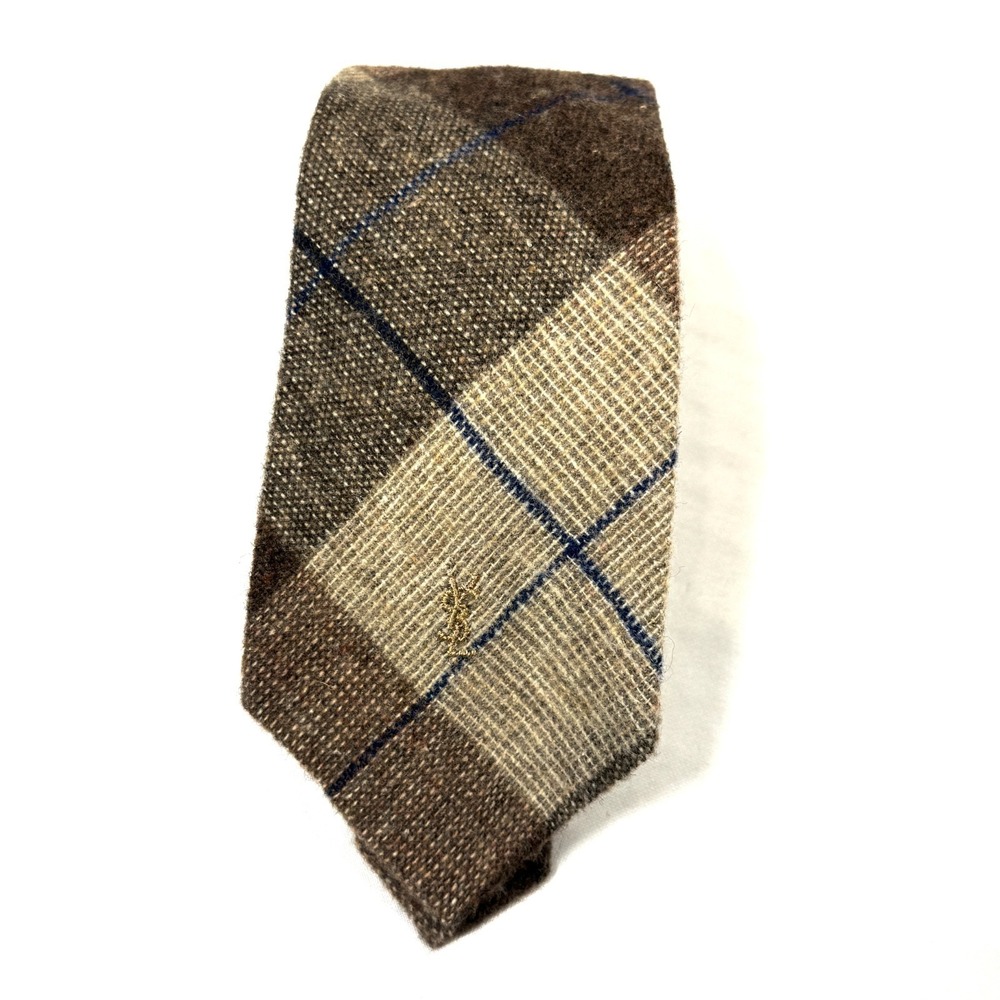 Yves Saint Laurent Neck Tie Brown Plaid Wool Blend Designer Neckwear Made Italy